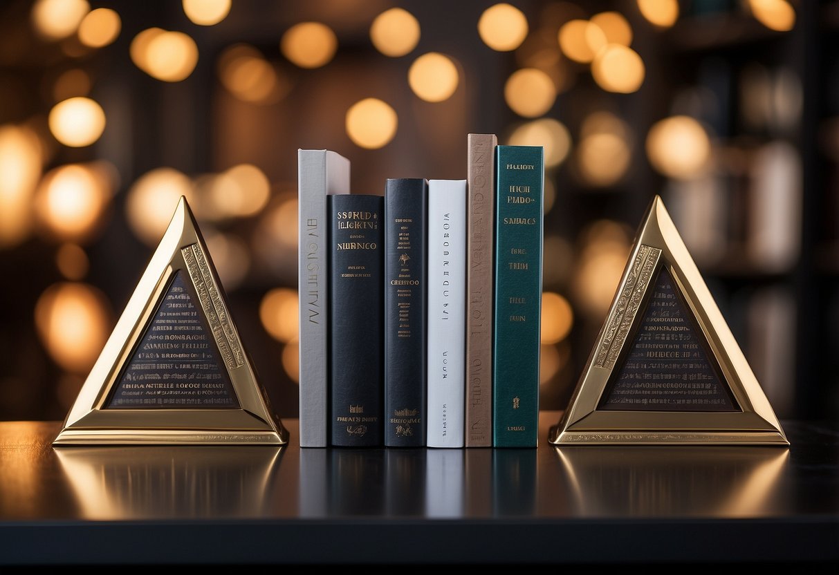 Two sleek, metallic geometric bookends hold up a collection of classic novels on a clean, modern shelf