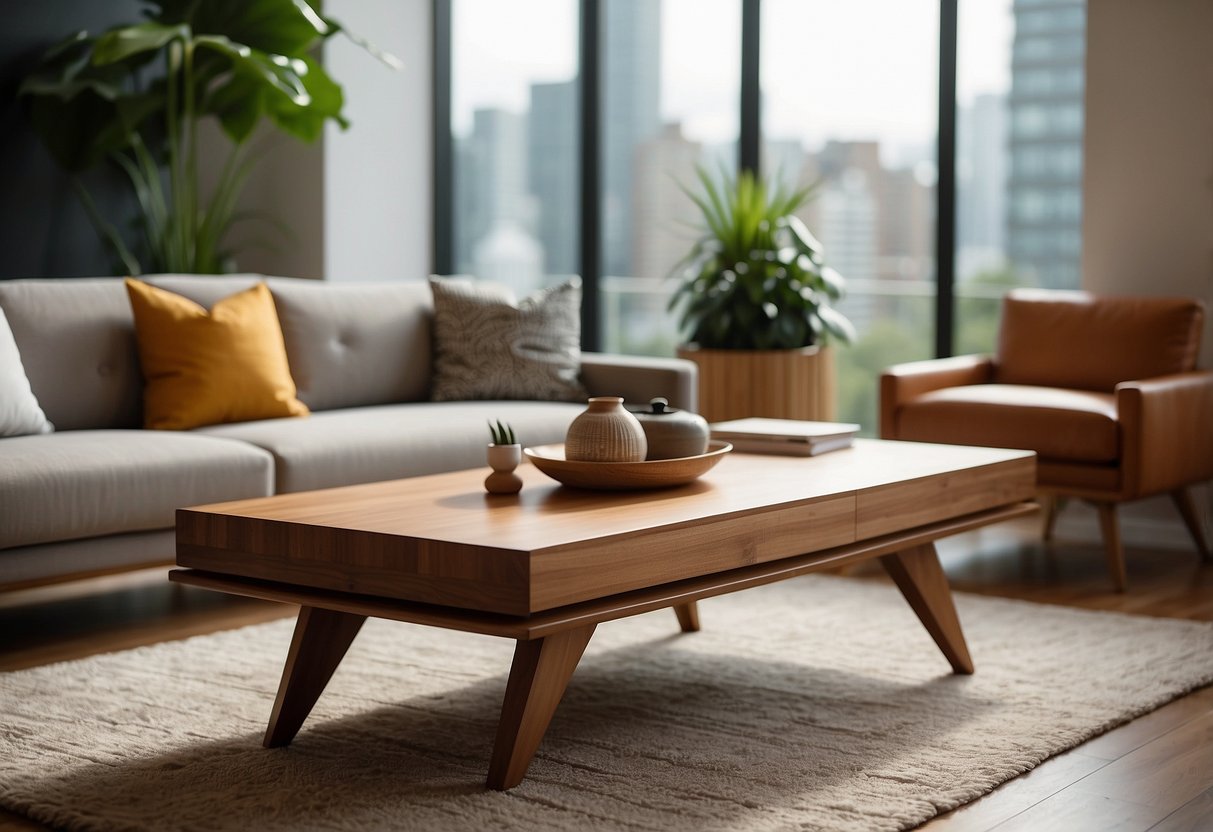 A teak wood coffee table sits in a modern living room, surrounded by sleek furniture and minimalist decor. The table's clean lines and warm wood tones add a touch of classic elegance to the space