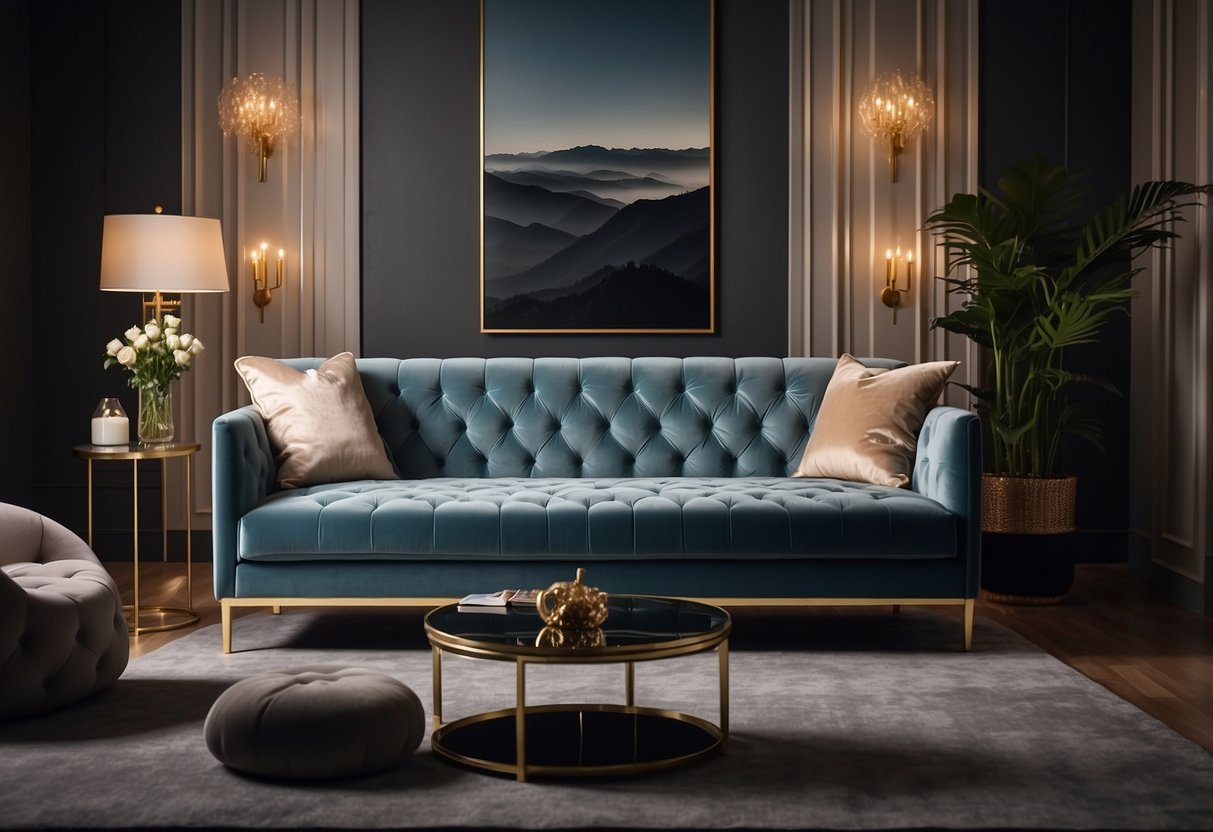 A luxurious velvet tufted sofa sits in a modern classic living room, surrounded by elegant decor and soft lighting