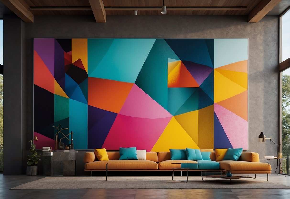 Vibrant colors and geometric shapes fill the canvas, creating a bold and contemporary art piece for a modern home decor setting