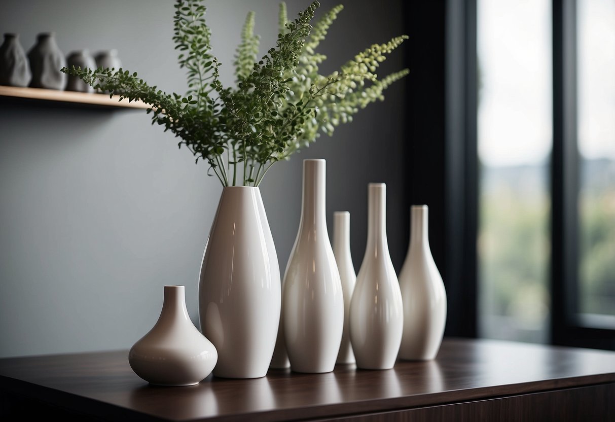 A set of ceramic vases arranged on a sleek, minimalist shelf in a modern, well-lit living room