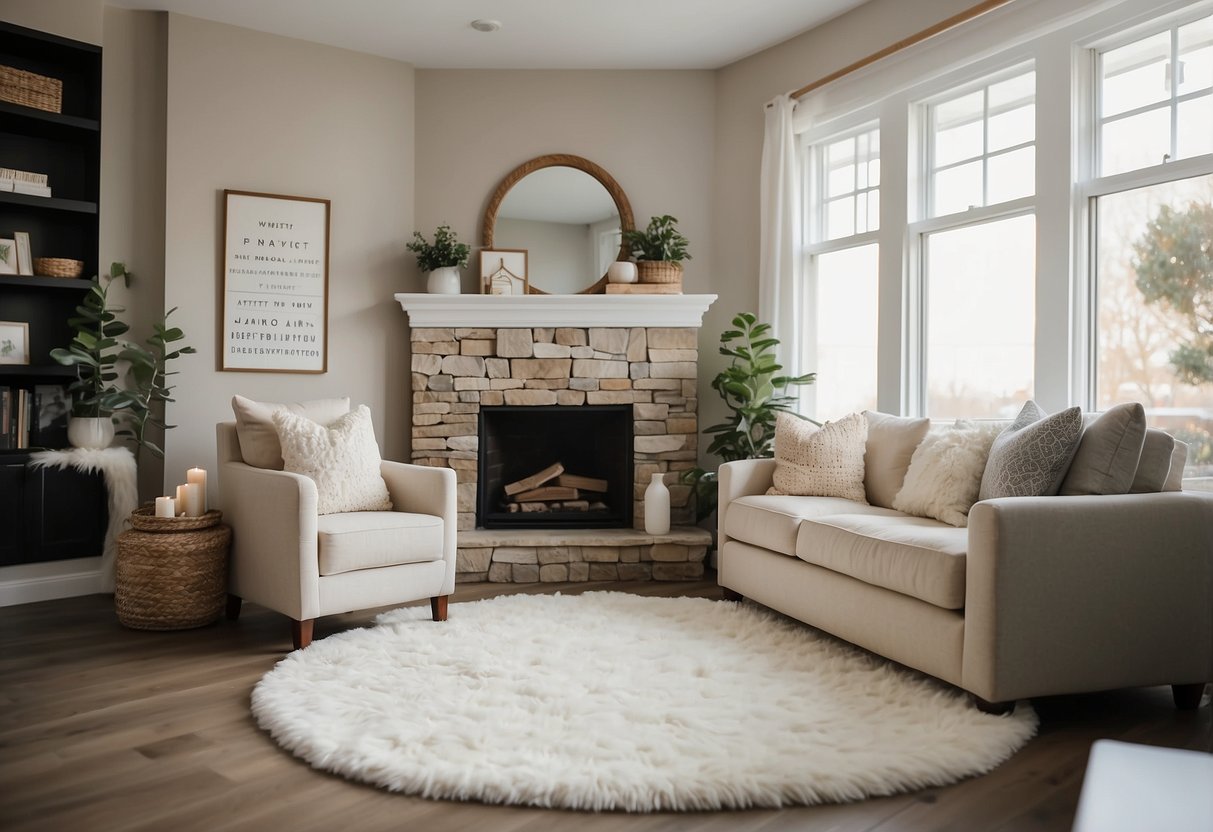 A bright, airy living room with soft, neutral tones, plush throw pillows, and a fluffy area rug. A cozy reading nook with a comfy armchair and a warm, inviting fireplace