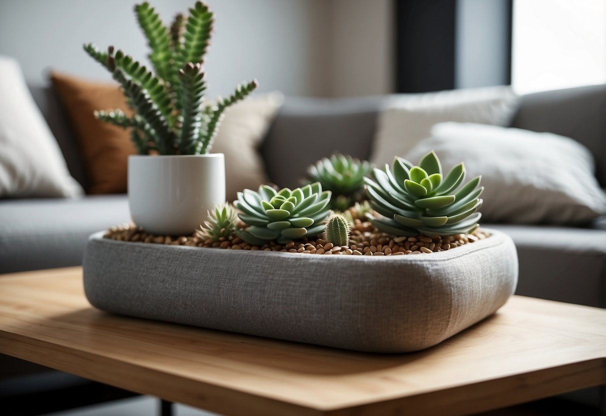 A clean, modern living room with a cozy succulent planter set on a wooden coffee table, surrounded by soft blankets and plush pillows