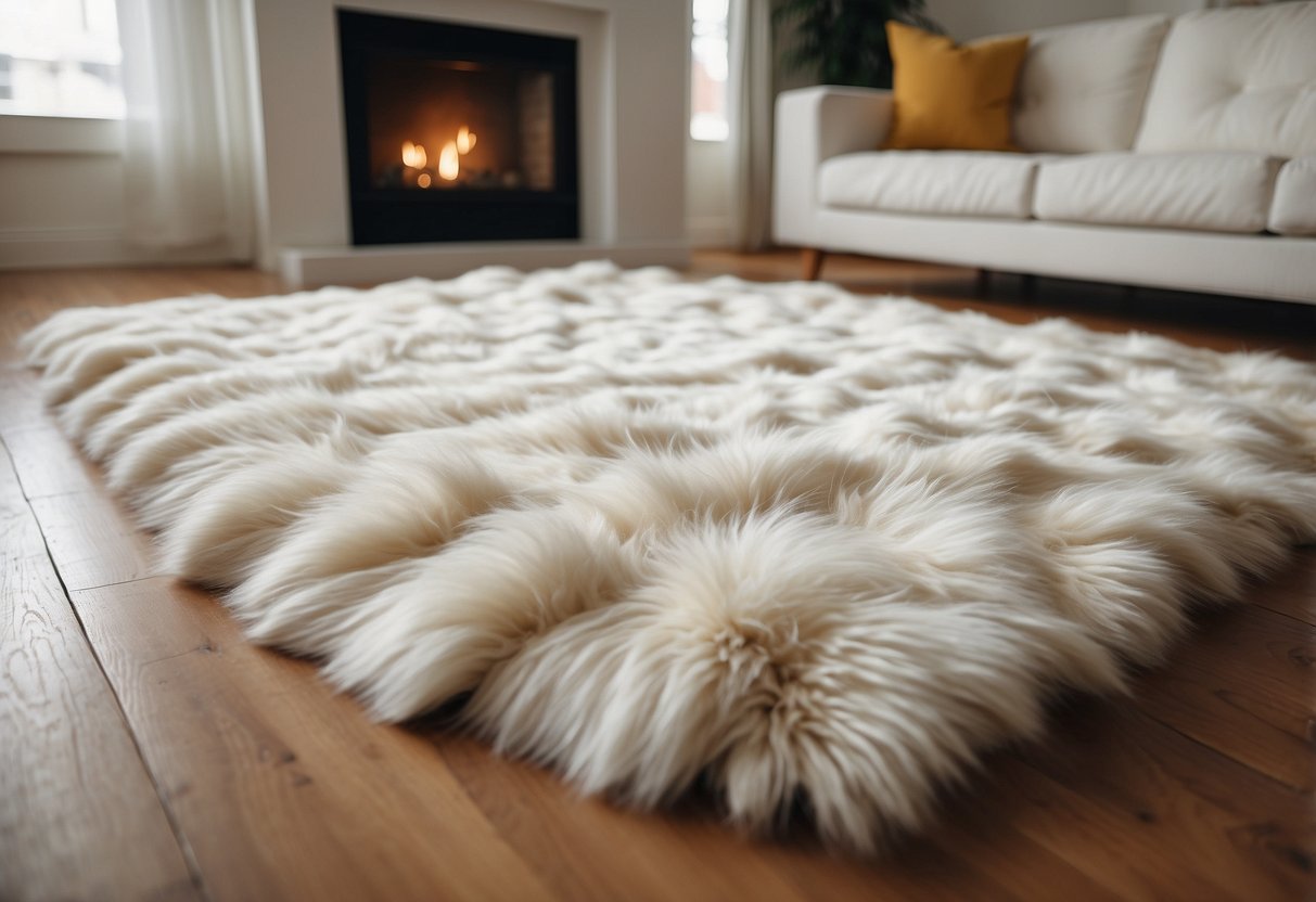 A fluffy area rug lies in the center of a well-lit living room, adding warmth and comfort to the clean and cozy home decor