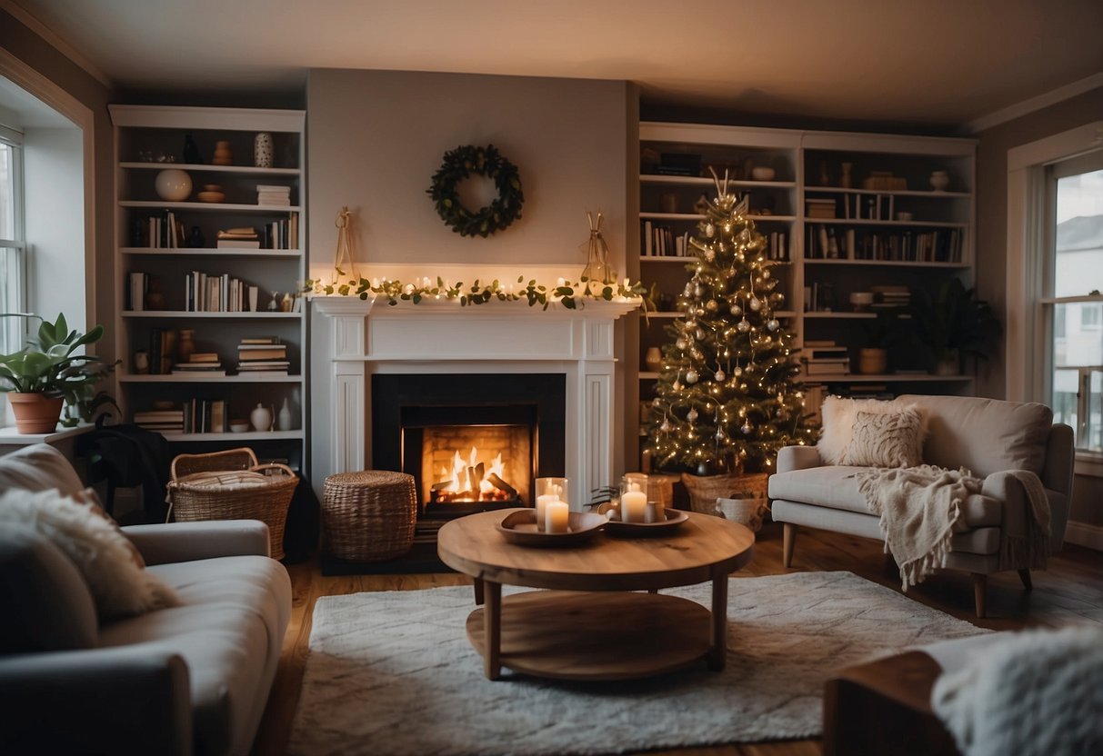 A cozy living room with fairy string lights draped around the fireplace and bookshelves, creating a warm and inviting atmosphere