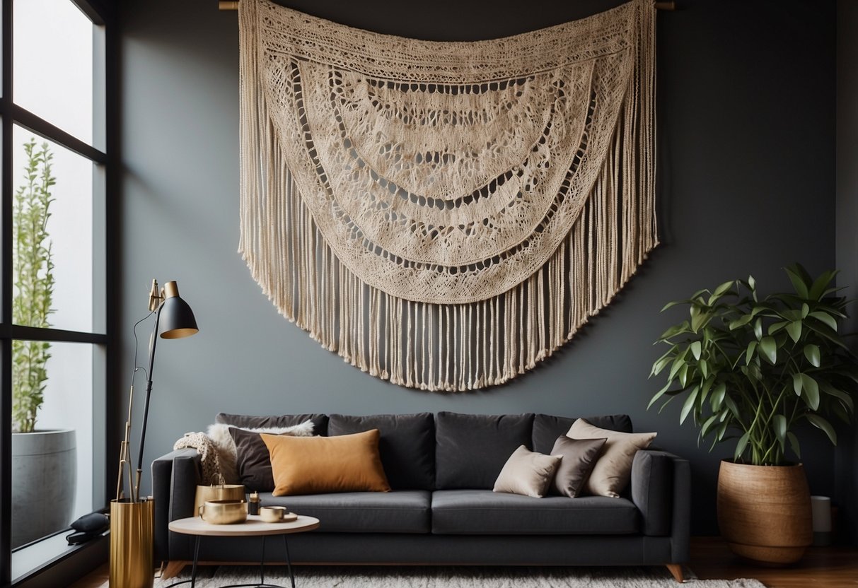 A woven wall hanging hangs in a cozy living room, adding texture and warmth to the clean and modern decor