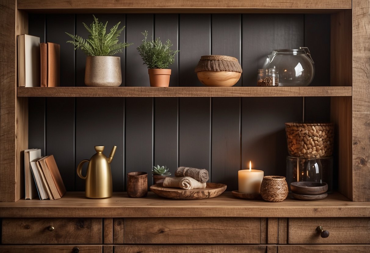 Rustic wooden shelves with neatly arranged decor items. Cozy and inviting home atmosphere