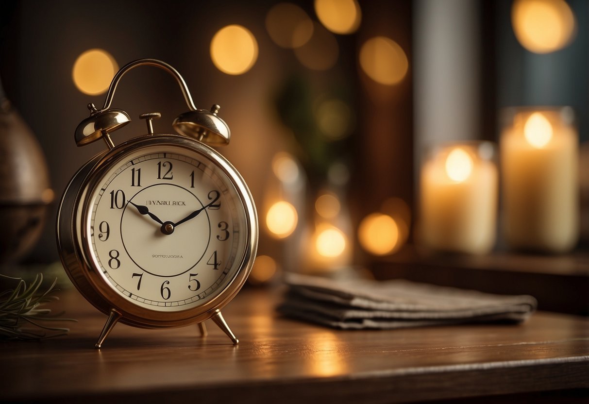 A vintage table clock sits on a polished wooden table in a cozy home setting, surrounded by warm lighting and decorative accents