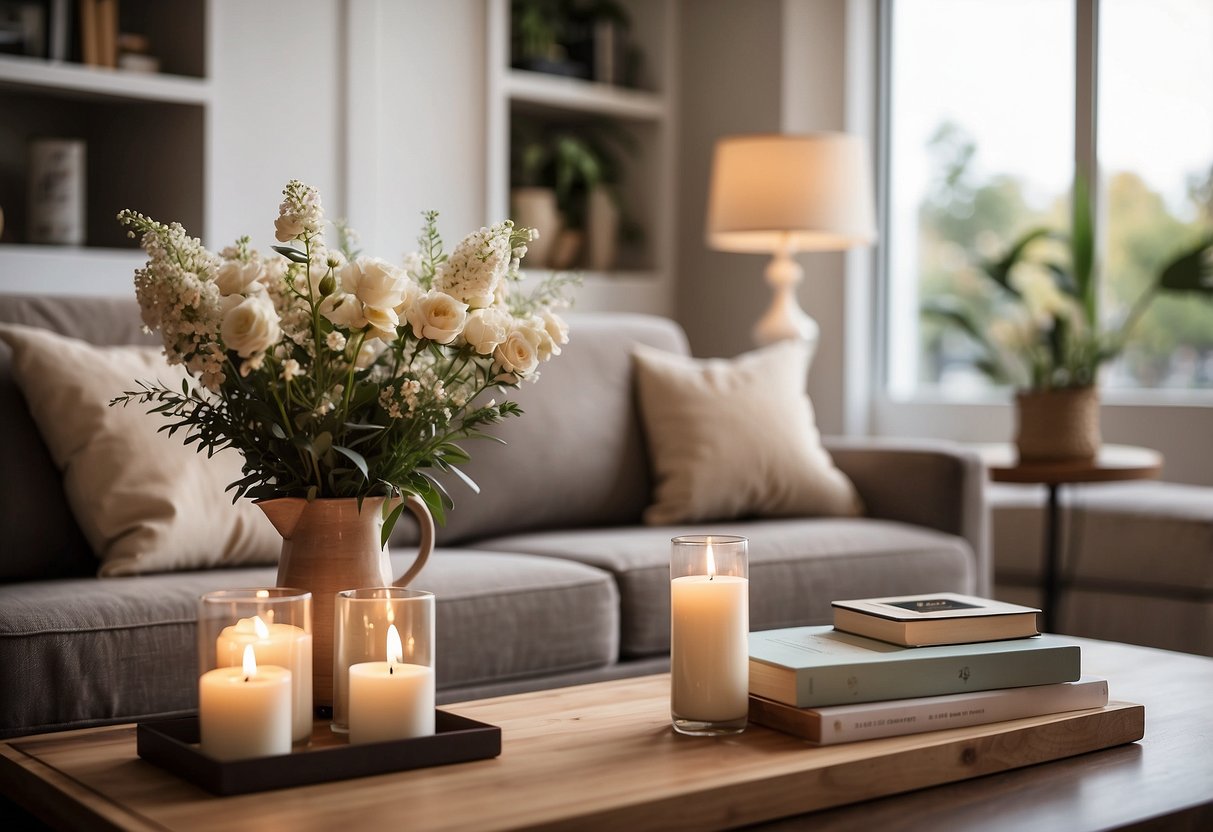 A tidy living room with soft, neutral tones, plush throw pillows, and a neatly arranged bookshelf. A scented candle flickers on the coffee table, adding a warm ambiance to the space