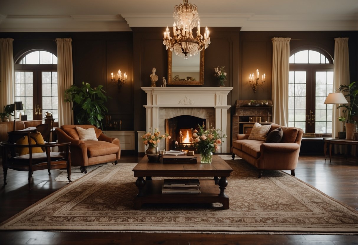 A cozy living room with a traditional fireplace, elegant furniture, and warm earthy tones. A large, ornate rug covers the hardwood floor, and a vintage chandelier hangs from the ceiling