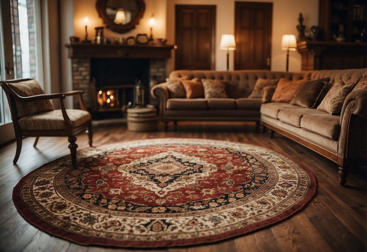 A vintage Persian rug lies in the center of a classic living room, surrounded by traditional furniture and warm lighting