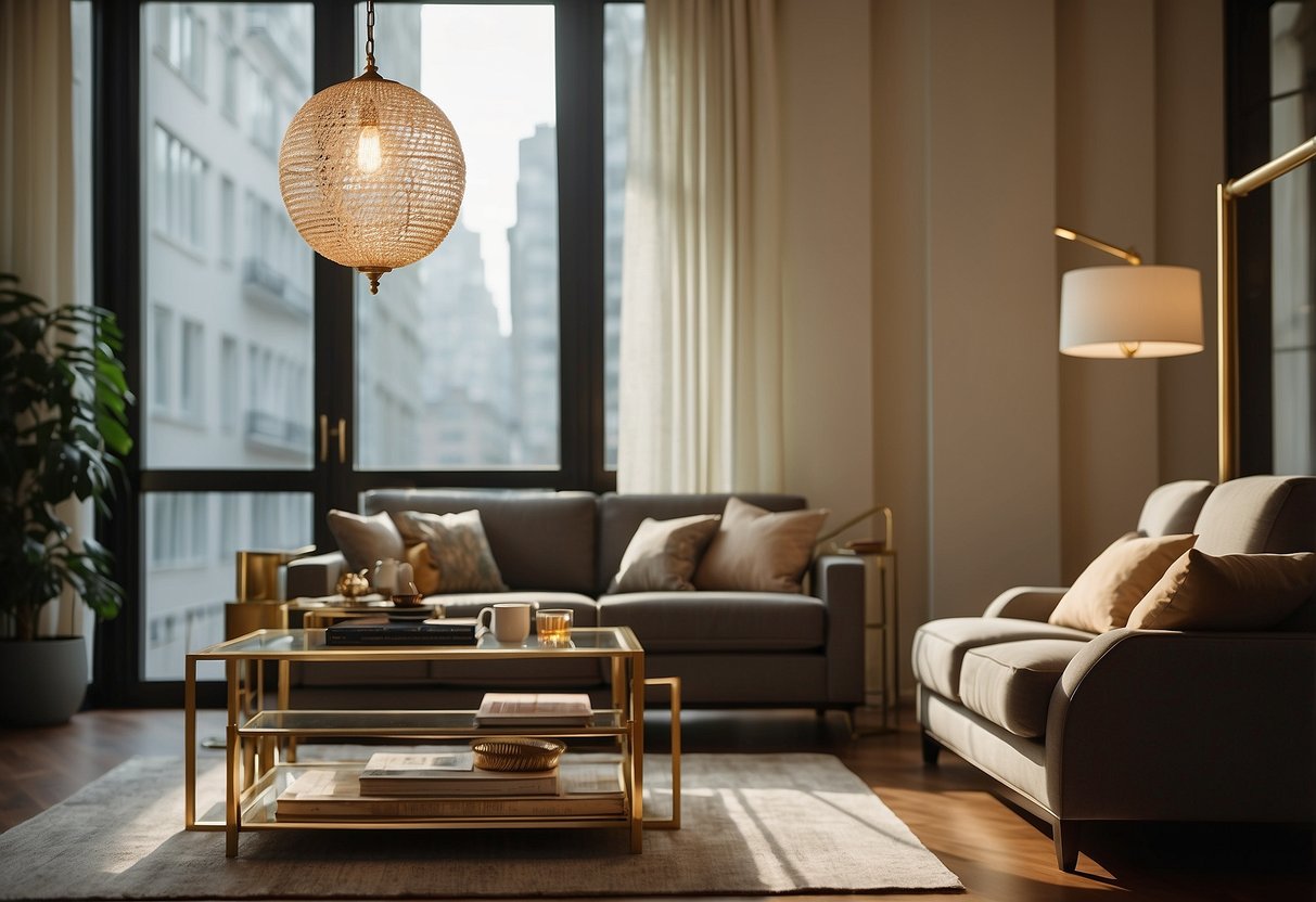 A brass floor lamp illuminates a classic living room with elegant home decor