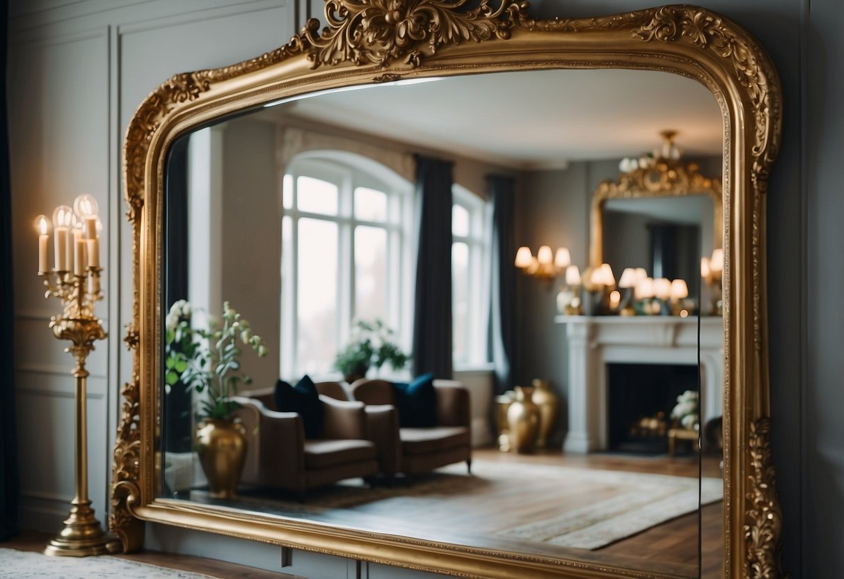 A gilded mirror hangs above a fireplace in a classic living room, reflecting the elegant decor and adding a touch of luxury to the space