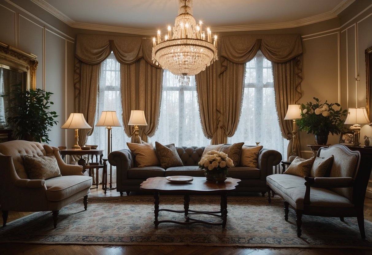 A cozy living room with vintage furniture, ornate rugs, and elegant drapes. A fireplace with a mantel adorned with antique decor. Classic artwork and a chandelier complete the timeless aesthetic