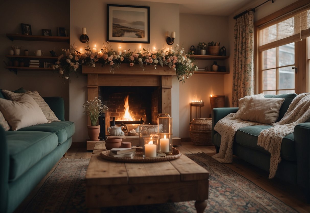 A cozy cottage living room with floral curtains, vintage furniture, and a fireplace adorned with dried flowers and fairy lights