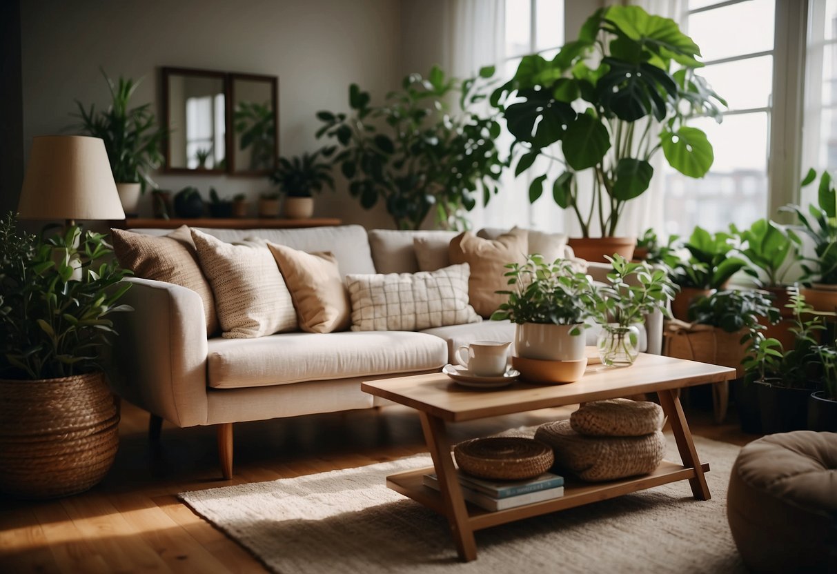 A cozy living room with floral throw pillows scattered on a vintage sofa, surrounded by potted plants and soft natural lighting