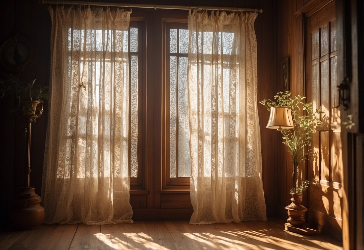 Sunlight filters through vintage lace curtains in a cozy cottage, casting delicate patterns on the rustic wooden floor and illuminating the charming home decor