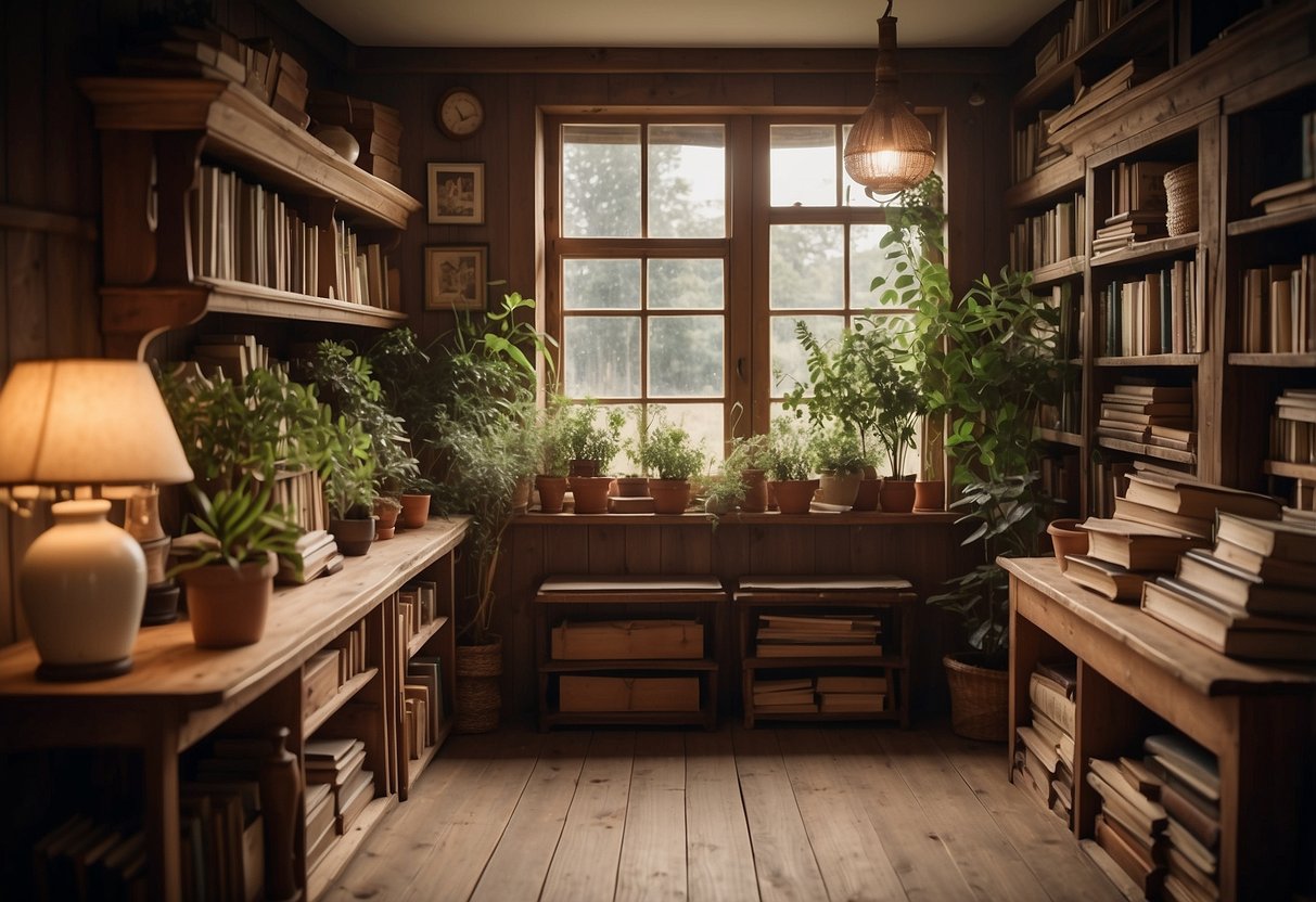 A cozy cottage with antique wooden shelves adorned with vintage books, plants, and delicate trinkets, creating a warm and inviting atmosphere