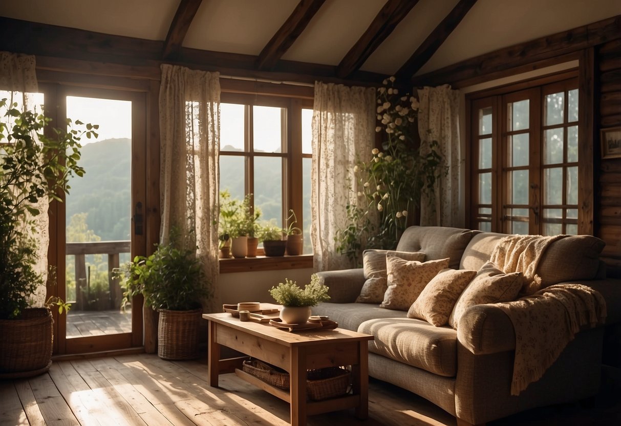 A cozy cottage interior with rustic wooden furniture, soft floral fabrics, and vintage decor. Sunlight streams through lace curtains, creating a warm and inviting atmosphere