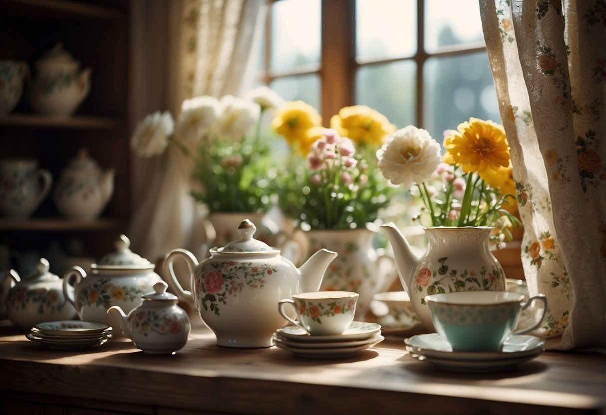 A cozy cottage filled with ceramic knick-knacks, floral patterns, and vintage decor. The shelves are adorned with delicate teapots, whimsical figurines, and hand-painted plates. Sunlight streams through lace curtains, casting a warm