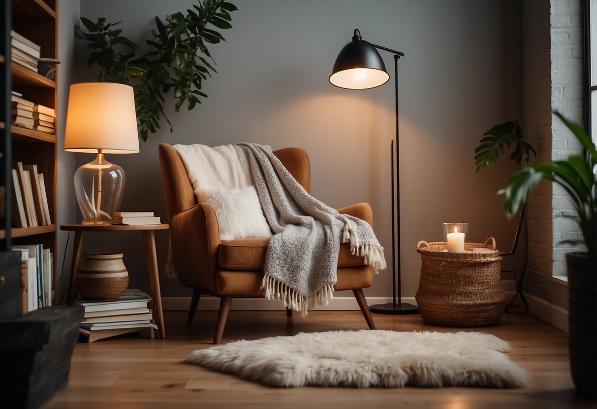 A cozy reading nook with a plush armchair, a floor lamp, and a side table adorned with a stack of books and a potted plant. A soft rug and decorative wall art complete the inviting space