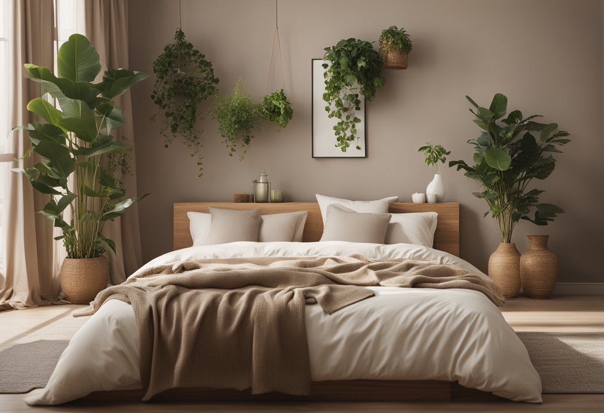 A serene bedroom with potted plants, simple bedding, and natural wood furniture. Subtle earth tones and soft lighting create a tranquil atmosphere