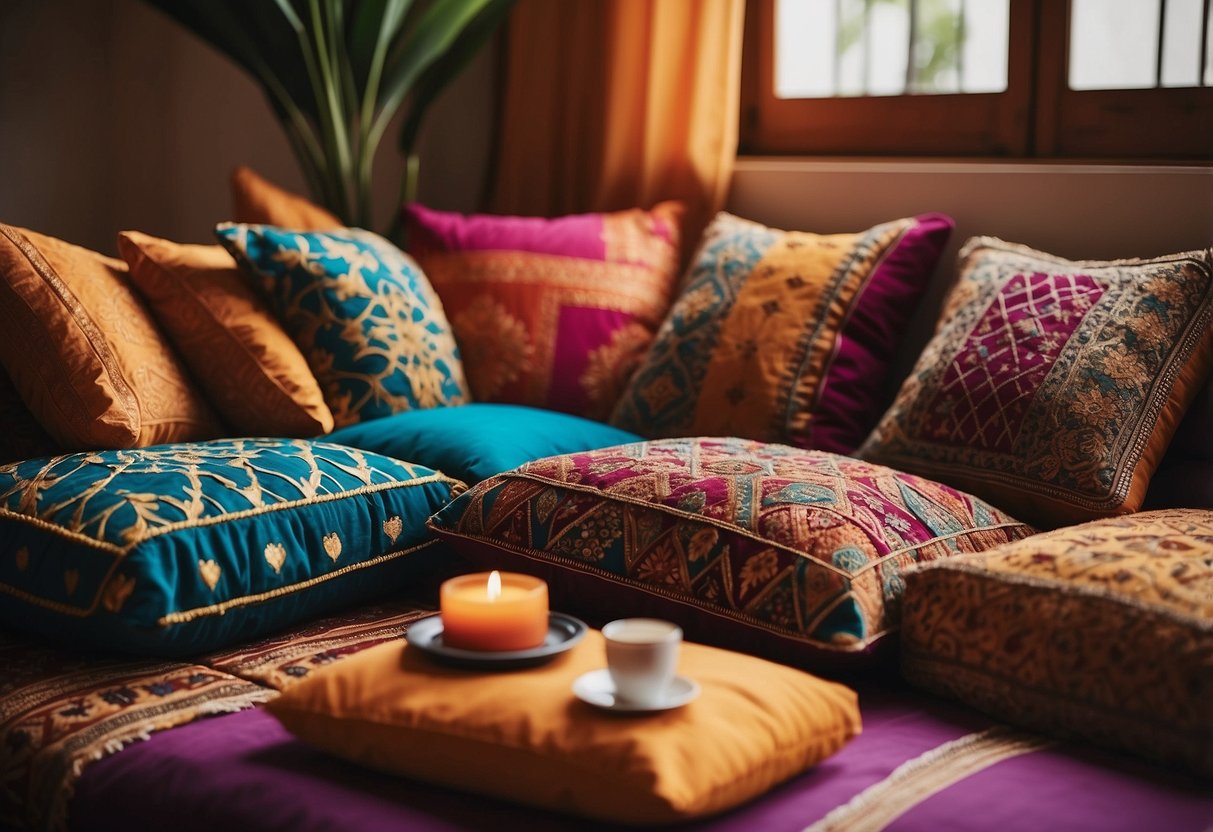 Colorful throw pillows arranged on a cozy seating area in a Moroccan style home decor corner. Rich patterns and textures create a vibrant and inviting atmosphere