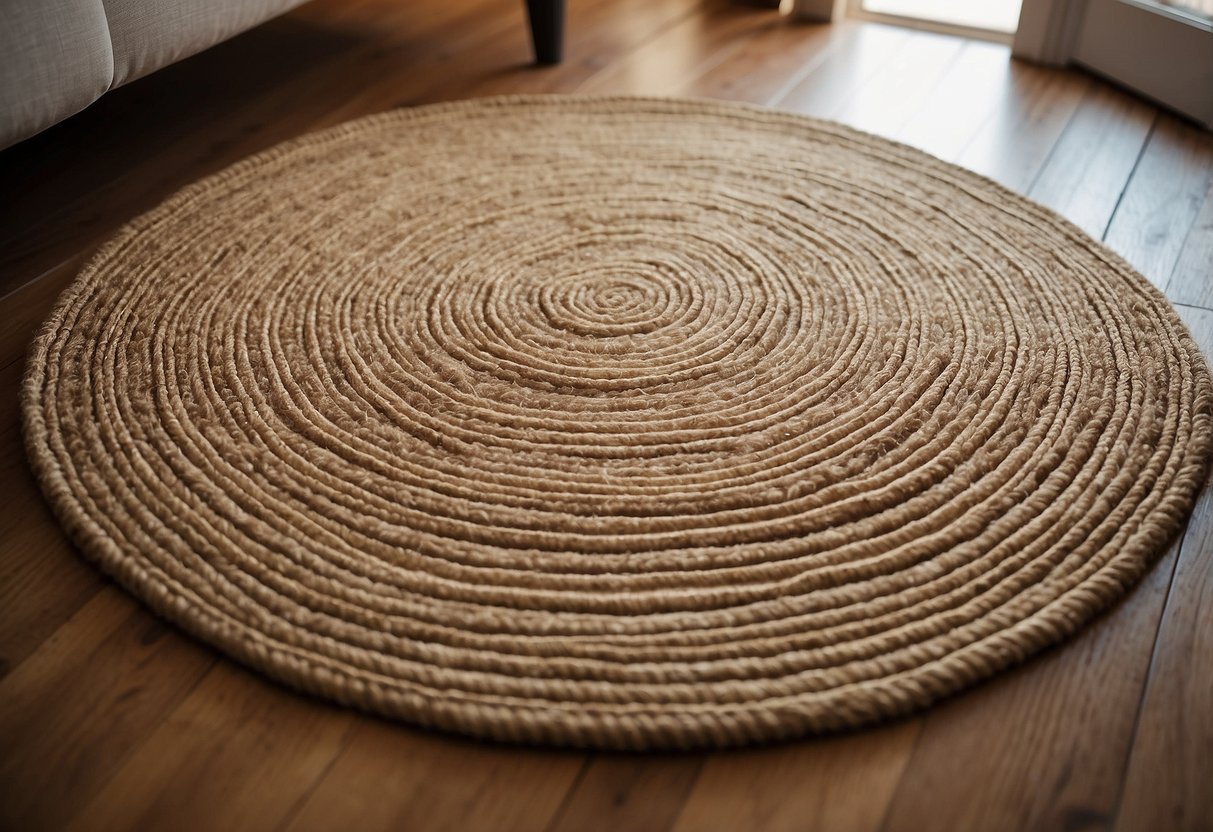 A round jute rug sits in the corner of a cozy living room, adding a touch of natural warmth to the home decor