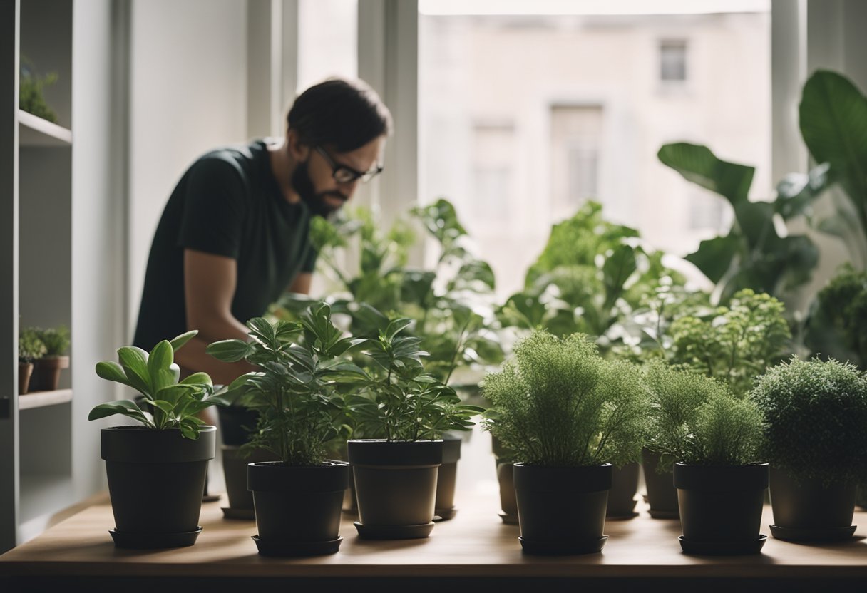 A person carefully chooses potted plants for a minimalist bedroom, with clean lines and simple decor