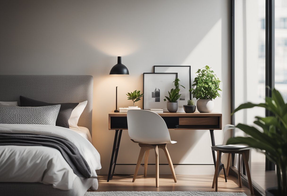 A bedroom with a simple bed, a small potted plant, and a sleek desk with a modern lamp and chair