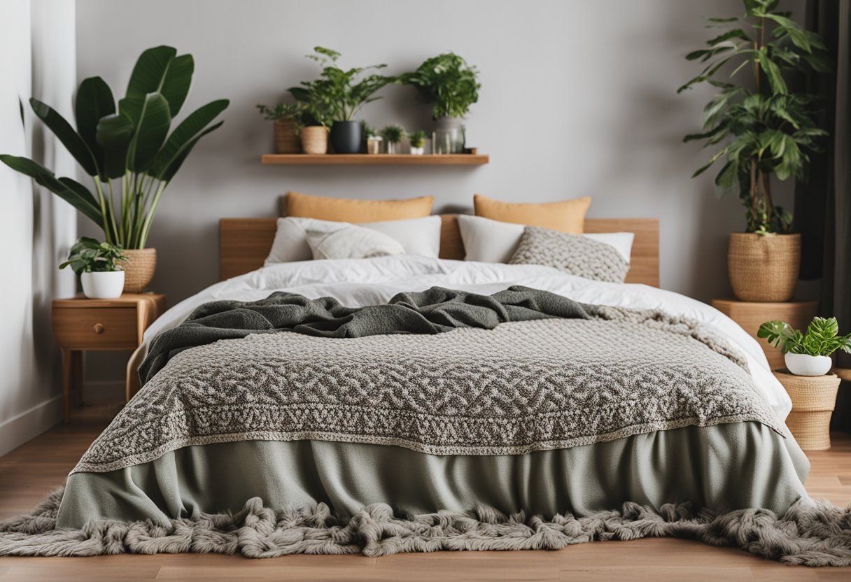 A cozy bedroom with potted plants, textured blankets, and fabric wall hangings