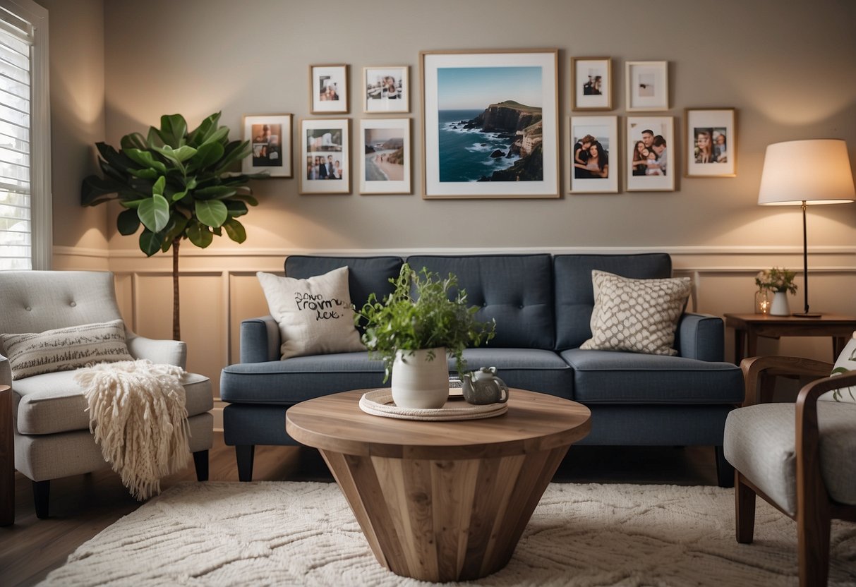 A cozy living room with a gallery wall of personalized artwork, a custom-made throw pillow with a family name, and a DIY photo collage on the wall