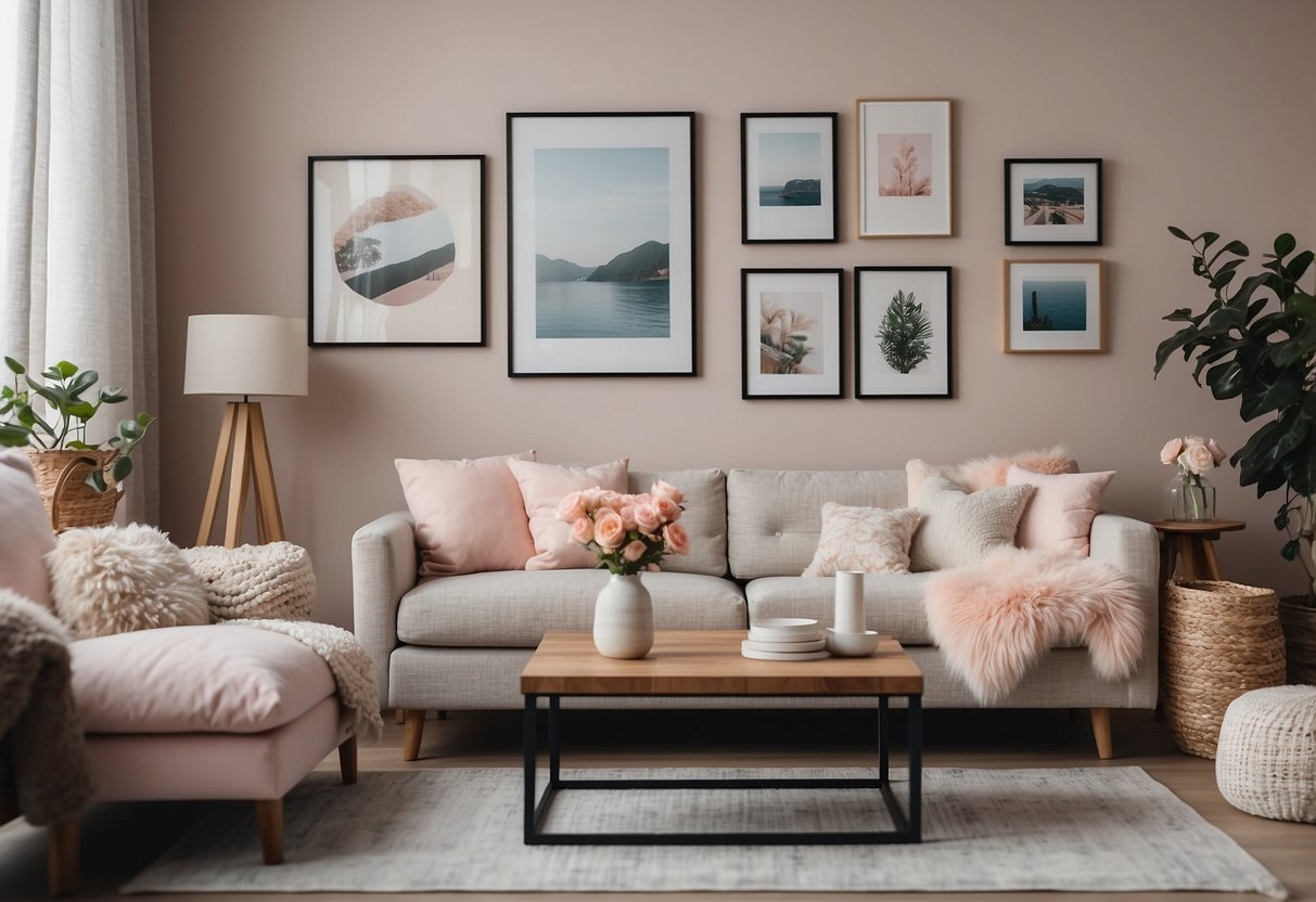 A cozy living room with pastel-colored throw pillows, a fluffy rug, and a charming gallery wall of framed artwork