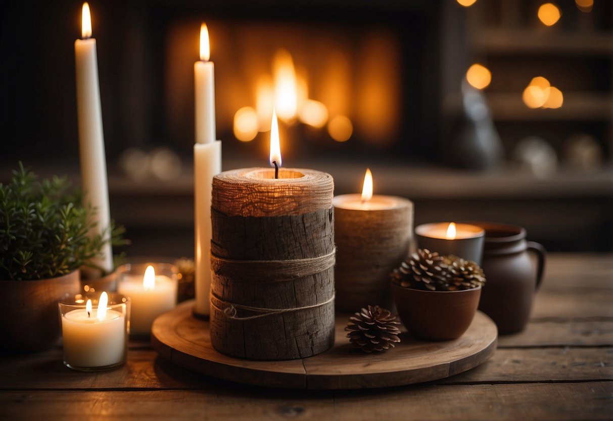 A cozy living room with vintage wooden candles on a rustic table, surrounded by warm, inviting decor