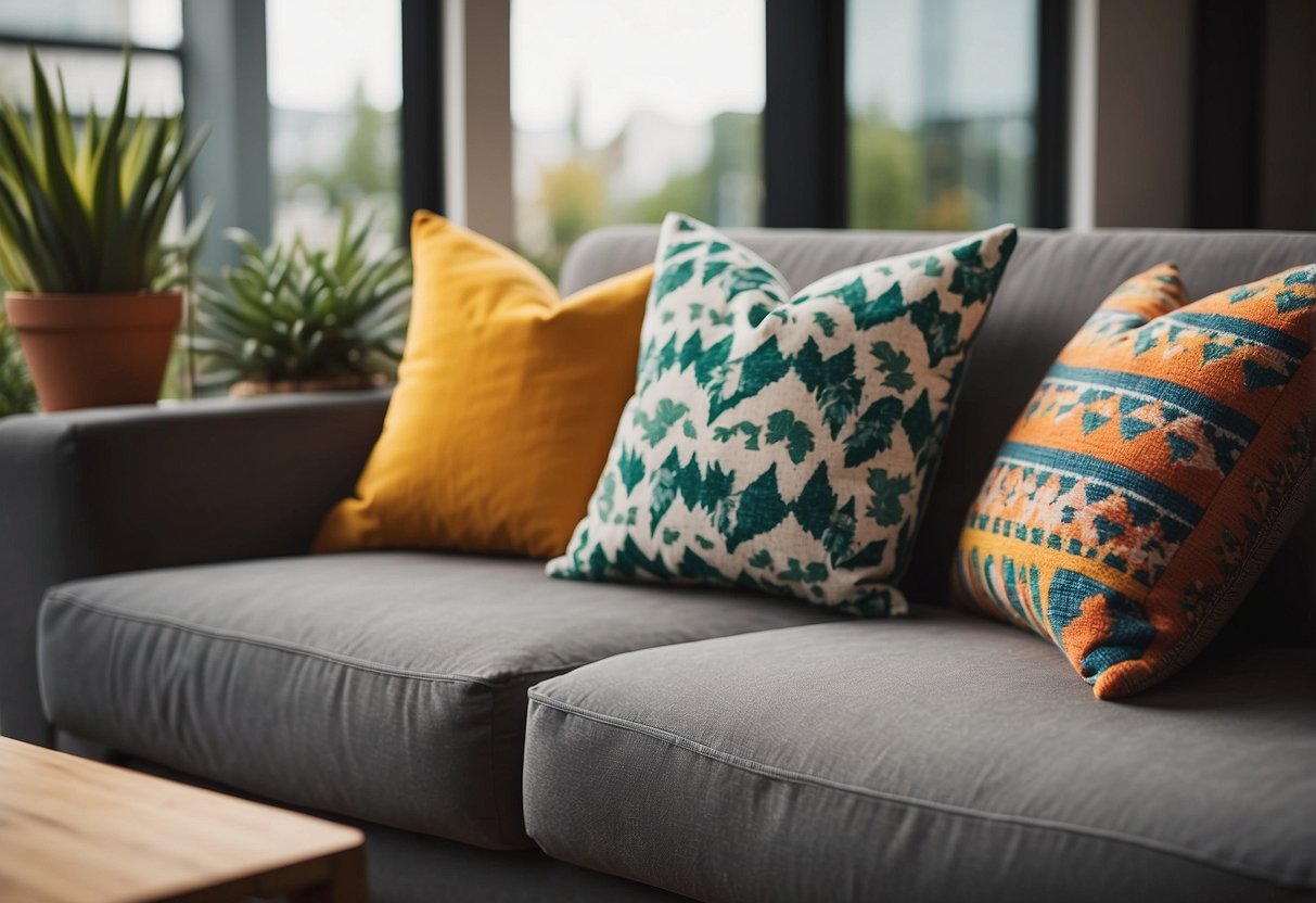 A cozy living room with colorful succulent throw pillows arranged on a comfortable sofa, adding a touch of charm to the home decor