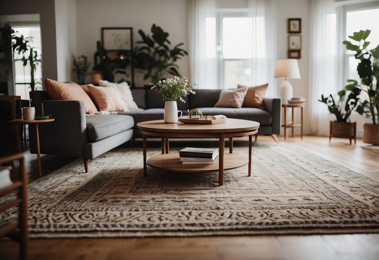 A cozy living room with a patterned area rug as the focal point, surrounded by stylish furniture and decor