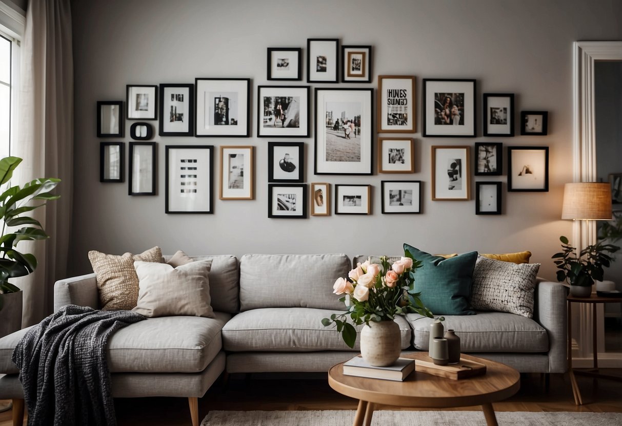 A collection of whimsical picture frames adorns a cozy living room wall, adding a touch of charm to the home decor