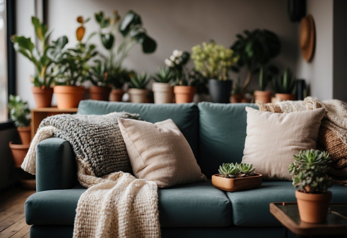 A cozy living room with colorful throw pillows, a soft knitted blanket, and a shelf filled with succulent plants and decorative trinkets