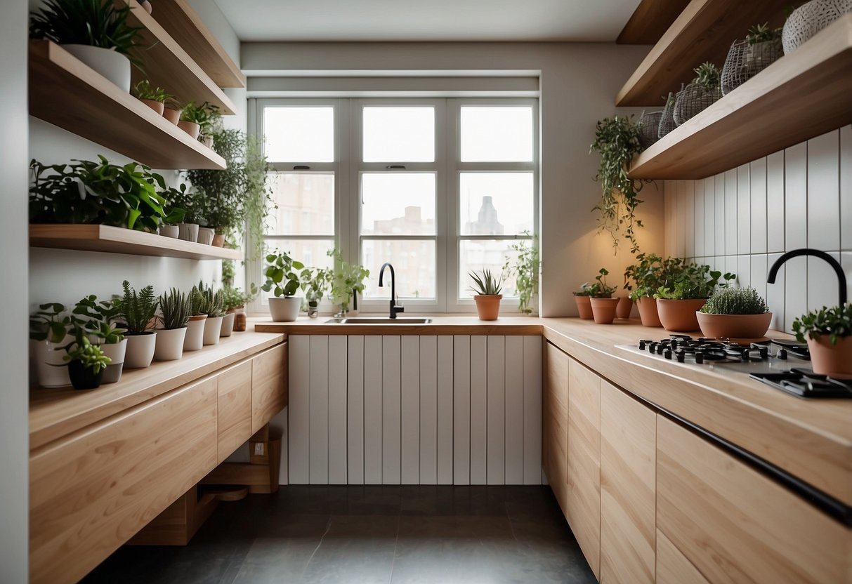 A modern minimalist cupboard with sleek lines and open shelving, adorned with potted plants, decorative vases, and stylish storage baskets