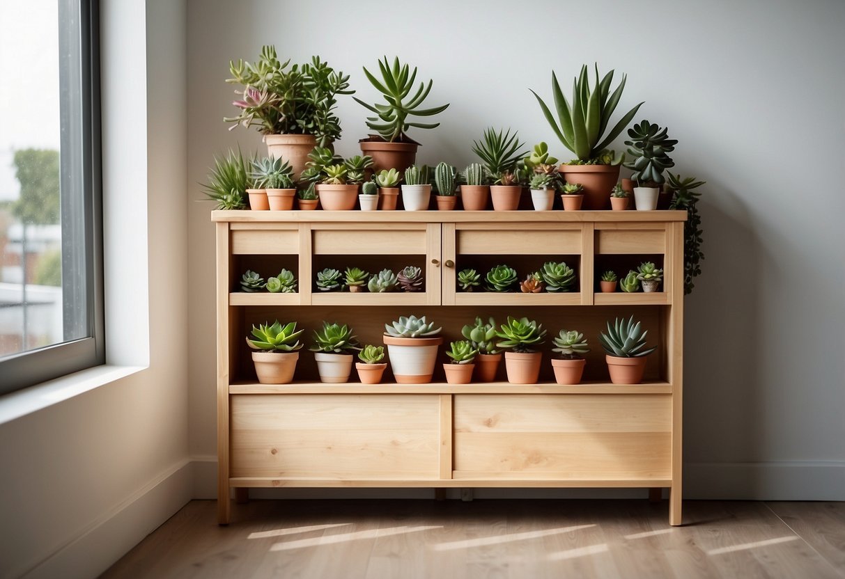 A wooden cupboard filled with various succulent planters, placed on a shelf against a white wall, with soft natural light streaming in from a nearby window