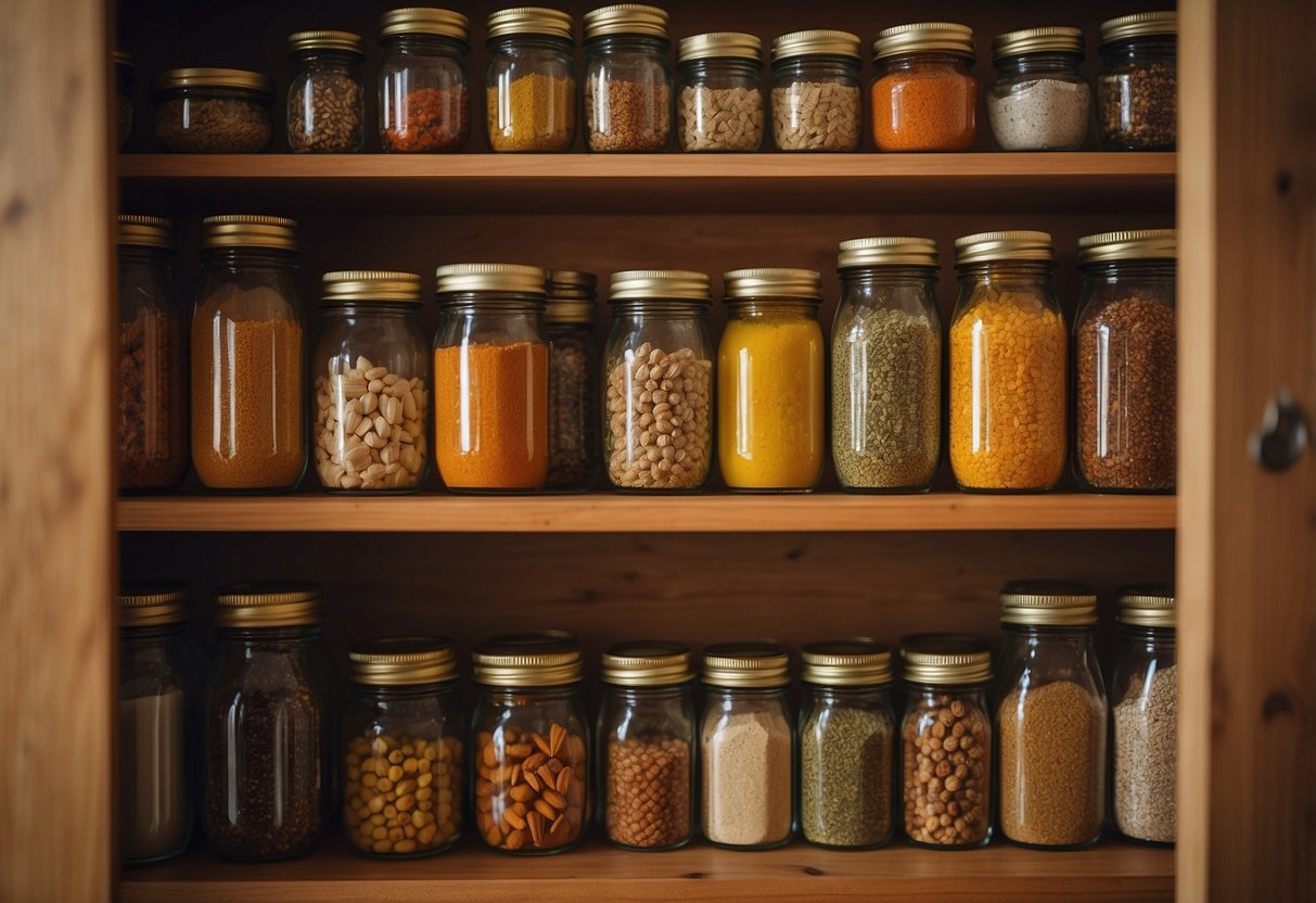 A collection of mason jars filled with various spices neatly arranged on a wooden shelf inside a kitchen cupboard