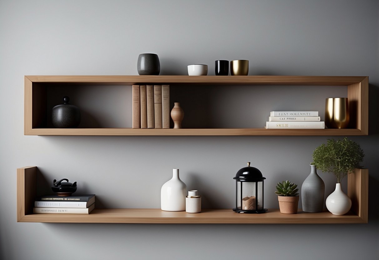 A sleek, modern geometric shelf decor adorns a minimalist cupboard, adding a touch of contemporary elegance to the home decor