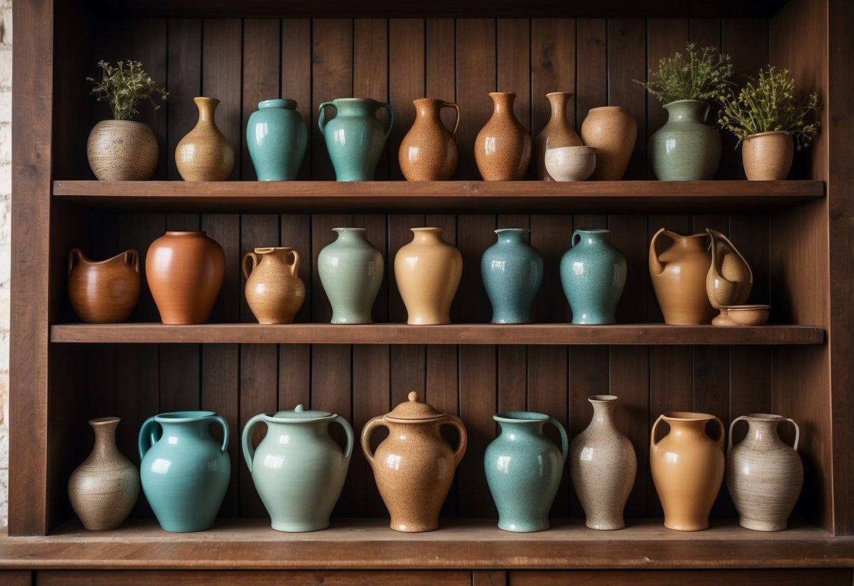 A wooden cupboard holds an array of rustic pottery vases, adding charm to the home decor