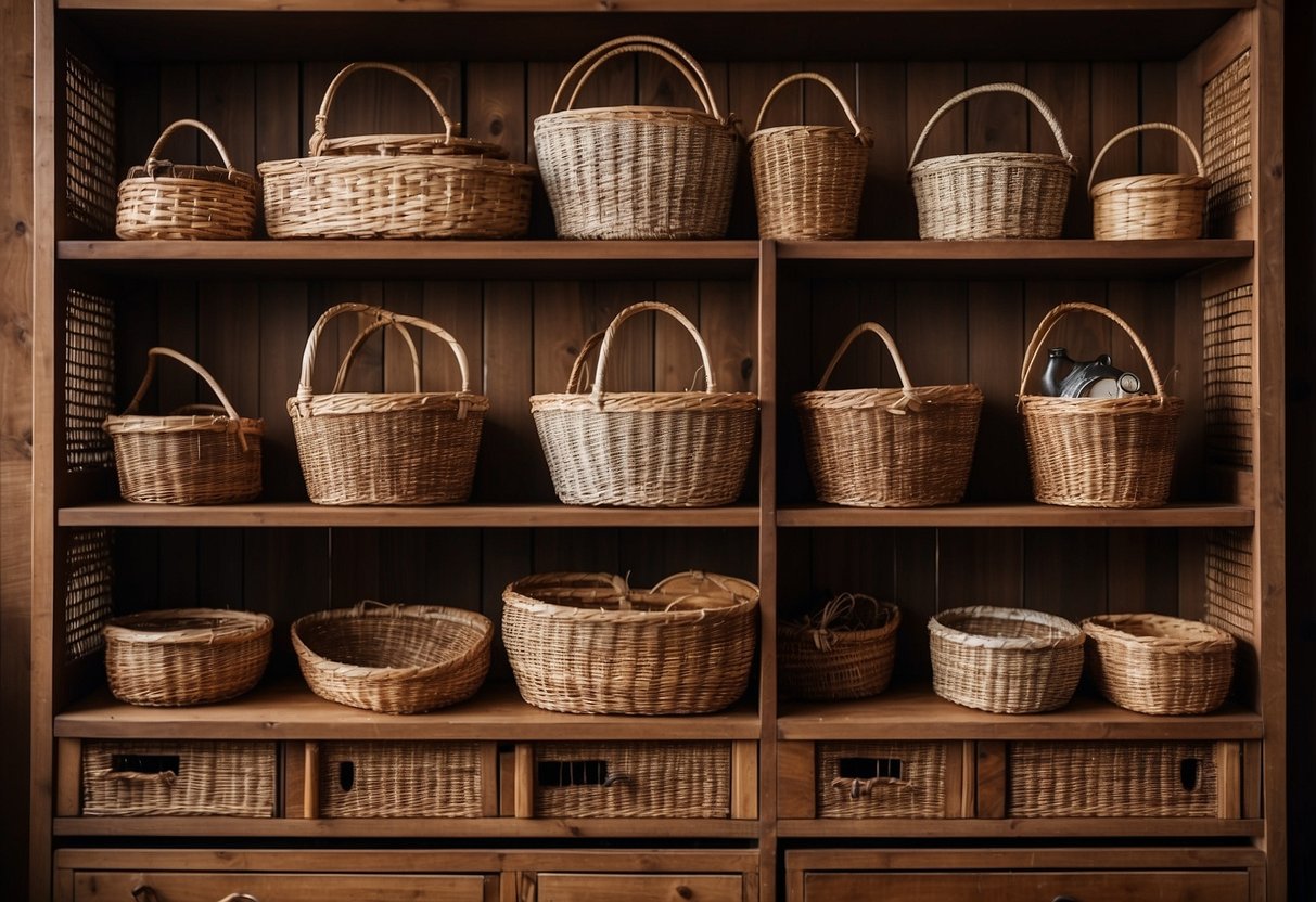 A wicker baskets cupboard filled with various sizes and shapes, neatly organized against a rustic wooden backdrop