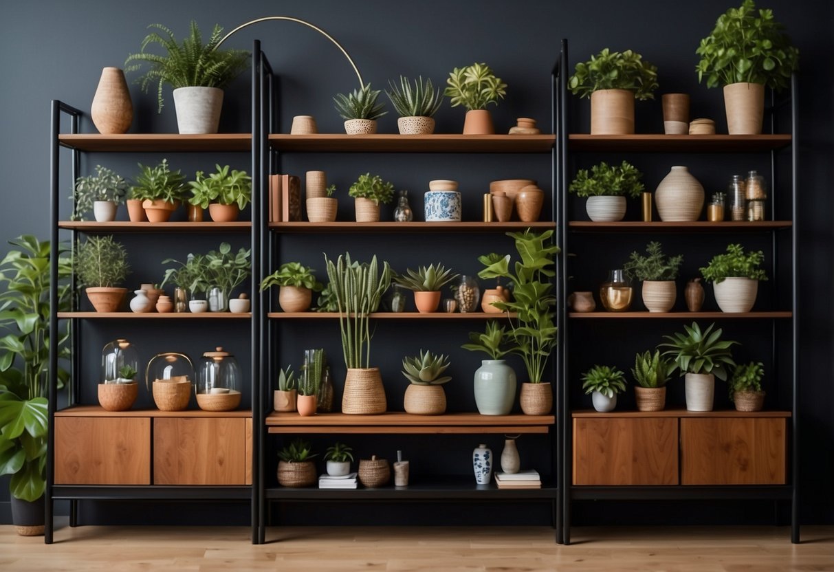 A neatly organized cupboard with decorative items such as vases, plants, and framed artwork. The shelves are arranged with symmetry and balance, creating a visually appealing display