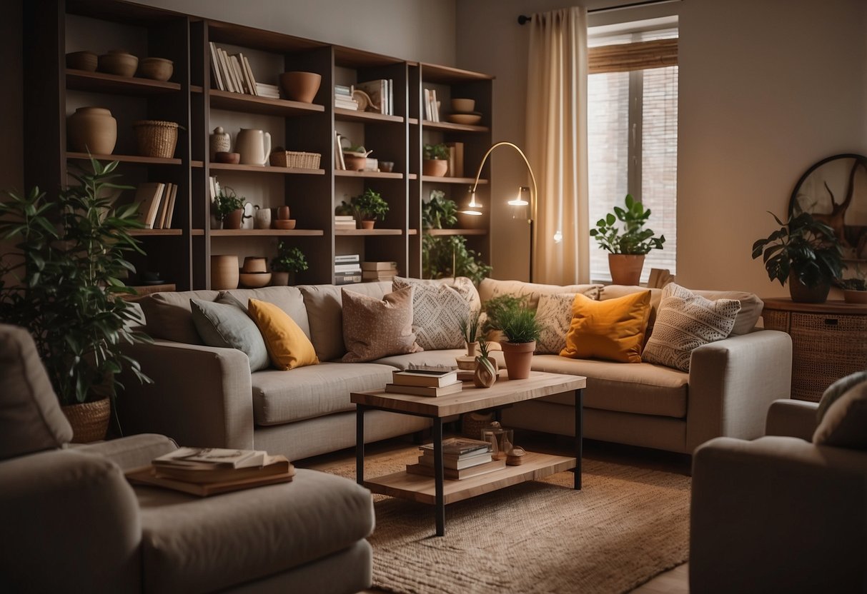 A cozy living room with a stylish, organized cupboard filled with decorative items like vases, books, and plants. Warm lighting adds a welcoming touch to the space