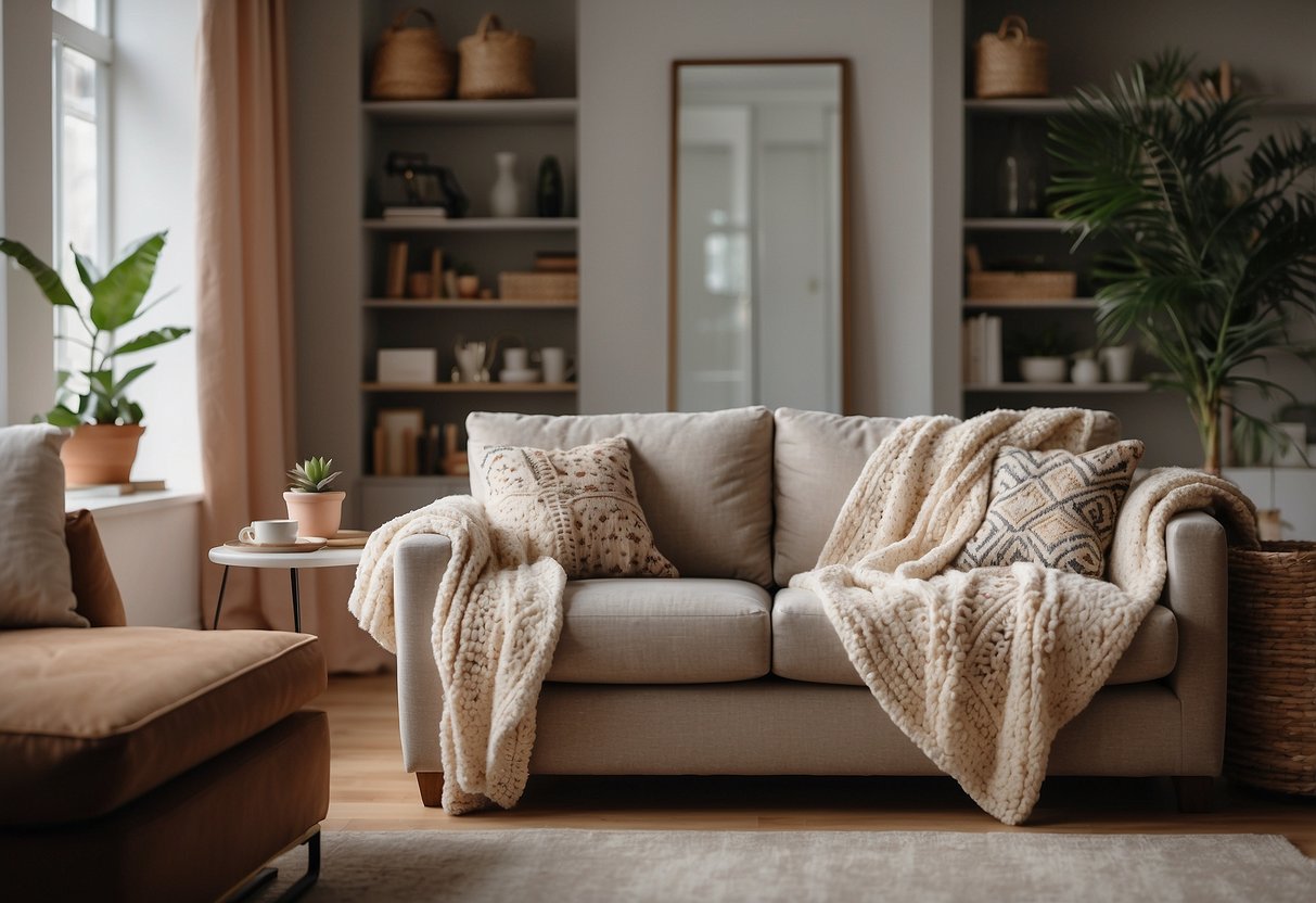 A cozy living room with a neutral-colored sofa adorned with an assortment of decorative cushions in various textures and patterns. A warm throw blanket is draped over the armrest, adding a touch of comfort to the space