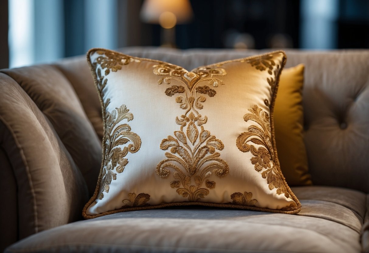 A luxurious silk brocade throw pillow sits on a plush sofa, adding elegance to the room's decor