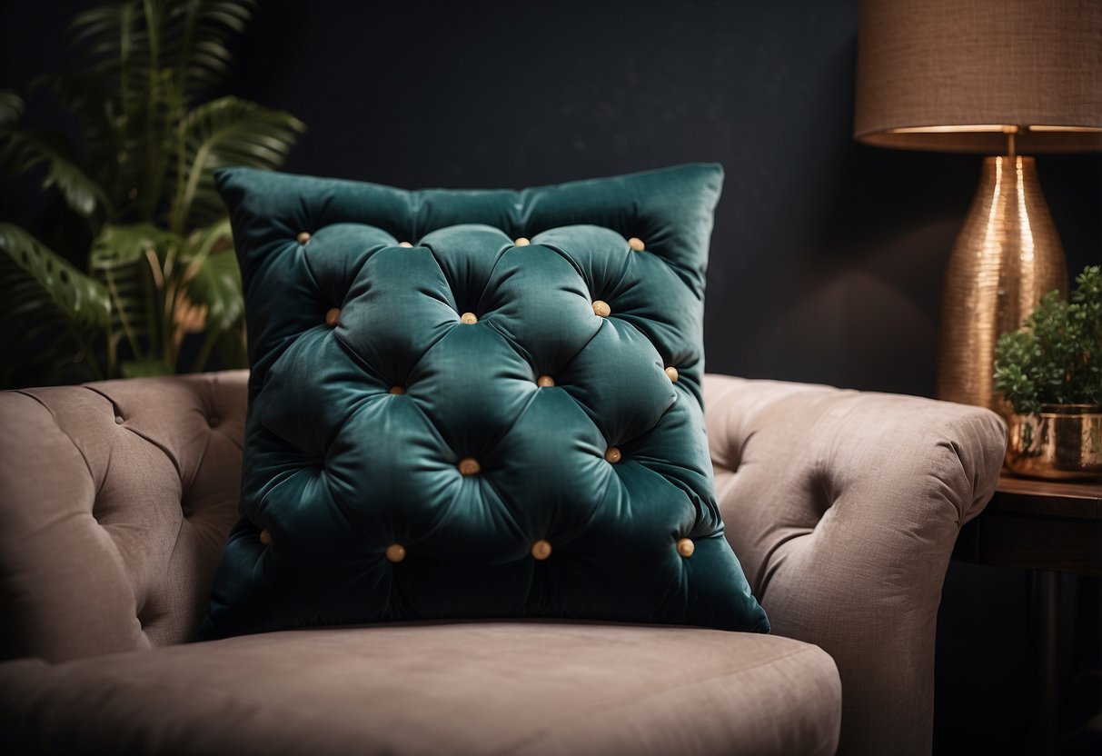 A luxurious velvet tufted floor pillow sits in a cozy corner, surrounded by other home decor items, adding a touch of elegance to the room