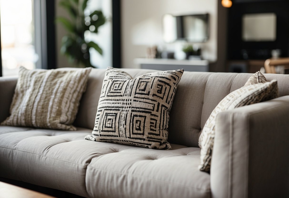 A modern living room with a neutral-colored sofa adorned with a geometric print lumbar pillow. The pillow adds a pop of color and texture to the space